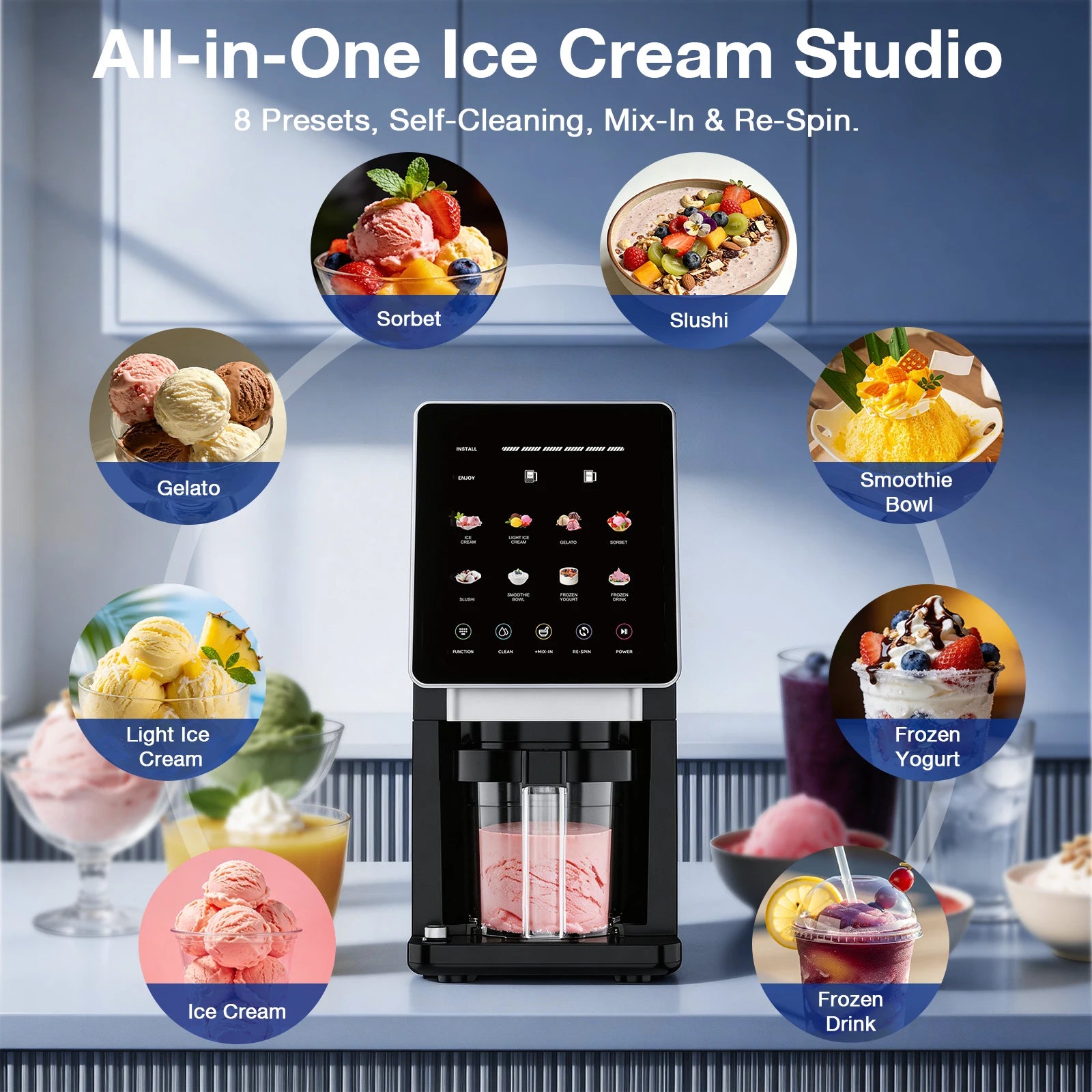 Teendow Ice Cream Maker — 10-in-1 with Mix-In, Re-Spin & Self-Clean | 800W