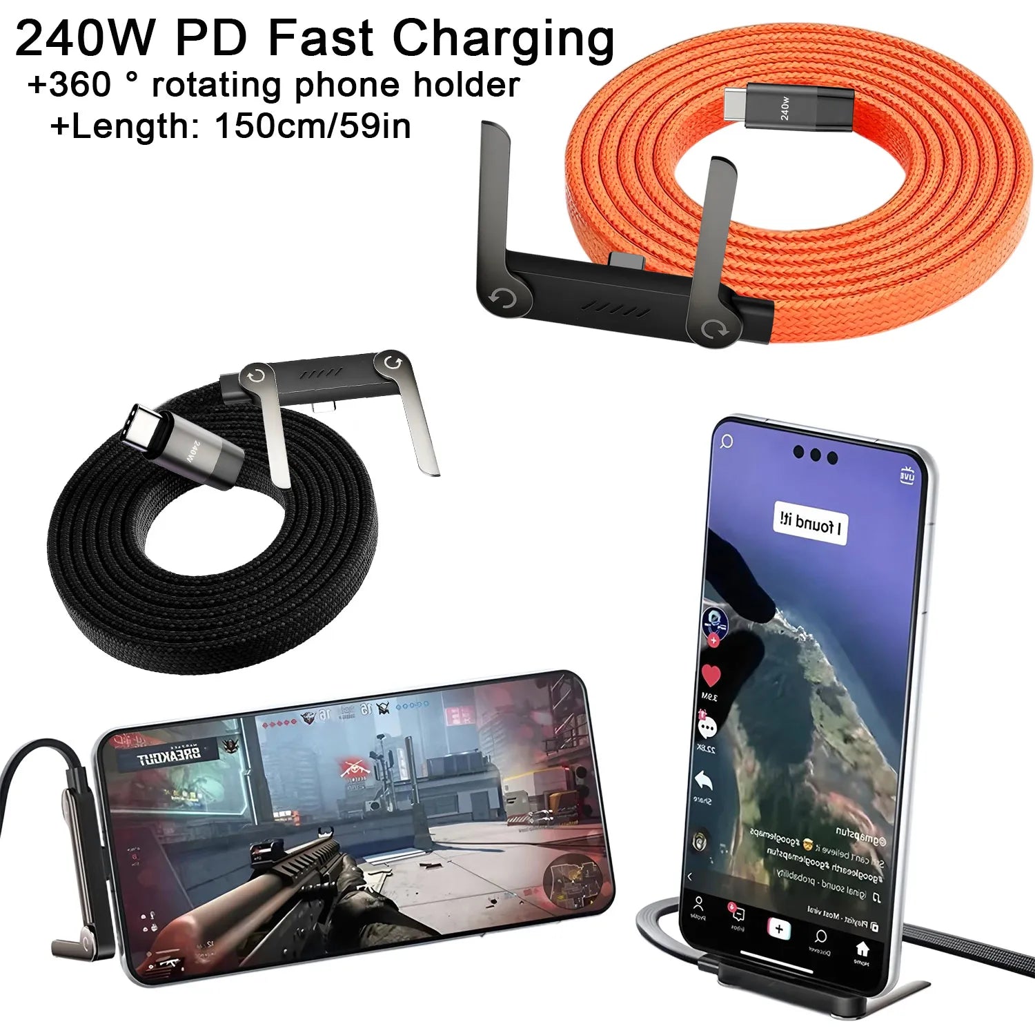 240W Super Fast Charging Cable with Built-In Phone Stand
